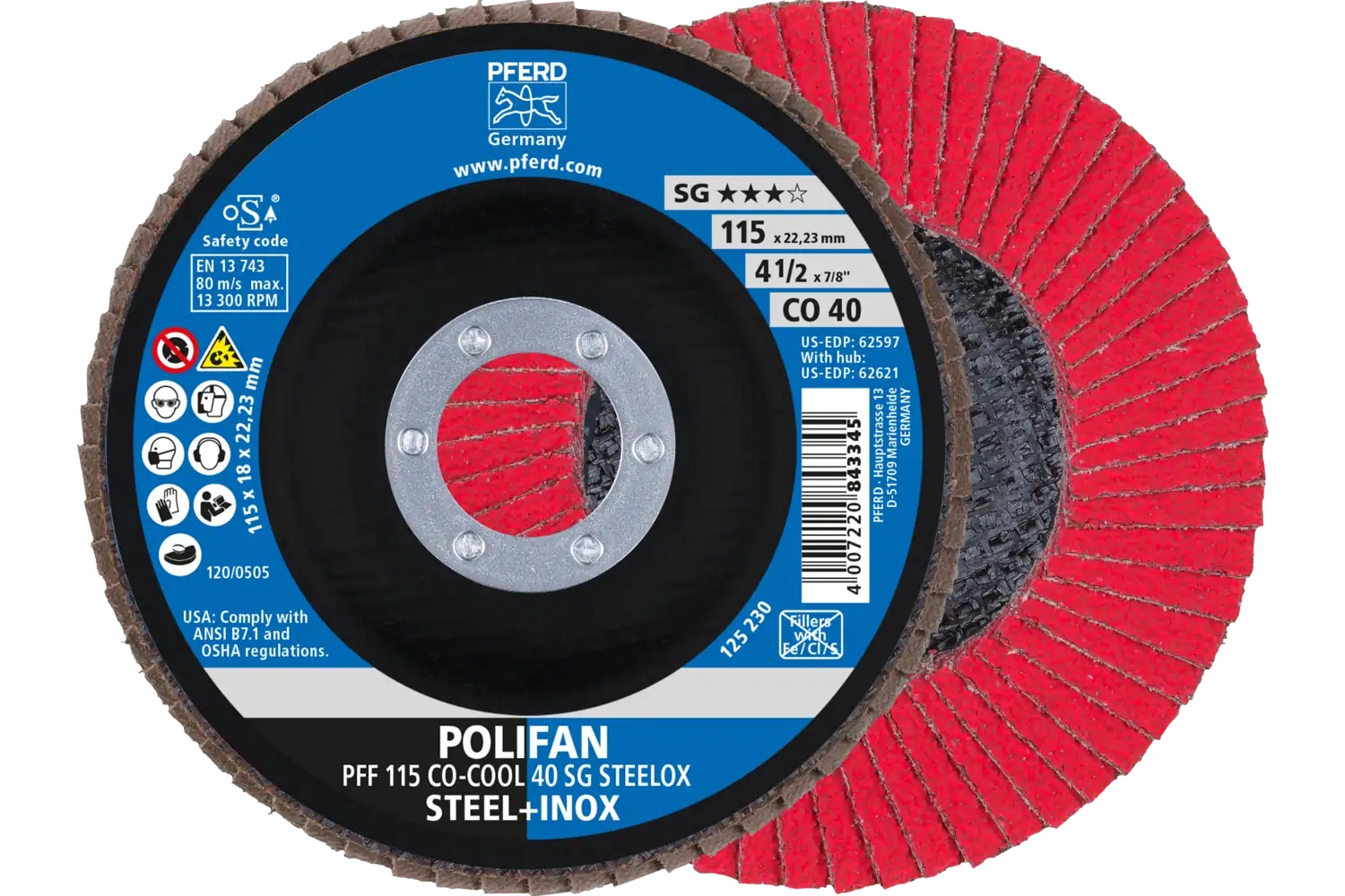 Picture of Pferd Flap Disc, 4-1/2" x 7/8, Co-Cool SG Steelox, 40 Grit, T27, Flat, Ceramic oxide